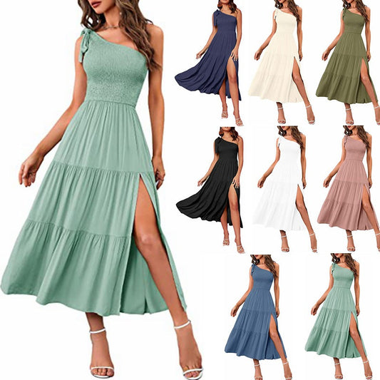 2023 New Summer Fashion Women's One-shoulder Pleated Layered Hem Split Dress